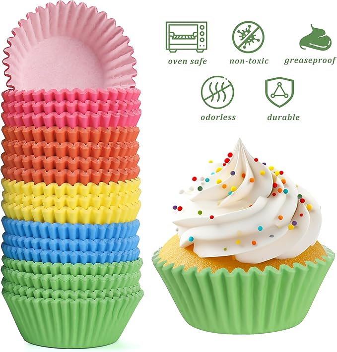 1000 Count White Paper Cupcake Liners, Standard Size 2 Inch, Unbleached Baking Cups for Muffins and Cupcakes (Rainbow, 2 Inch)