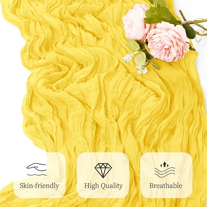 6 Pack Lemon Yellow Cheesecloth Table Runner 17x108 Inch Semi Sheer Boho Gauze Cheese Cloth Fabric Table Runners, for Wedding Party Baby Shower Birthday Home Decor Garden Farmhouse