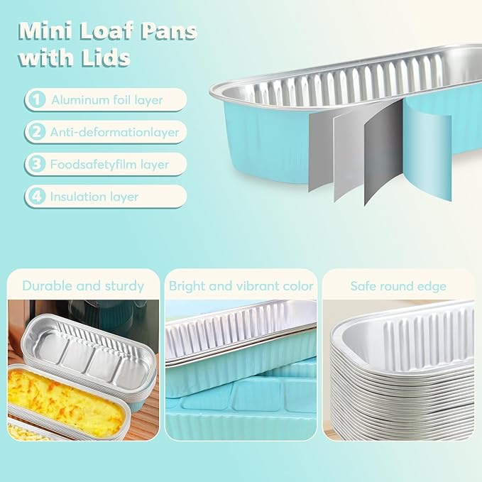 Ruckae 100 Pack Mini Loaf Pans with Lids and Spoons Disposable Aluminum Tin Foil Pans Rectangle Mini Loaf Cake Pan for Baking,Party,Picnics,Gifts Light Blue