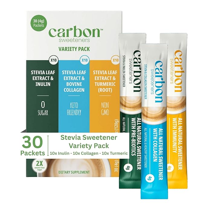 Carbon Sweeteners Variety Pack – Stevia Sweetener Packets with Collagen, Turmeric, and Inulin – Supports Joint, Skin, Immunity & Gut Health – 30 Single Serve Sachets (3 Functional Flavors, 10 Each)