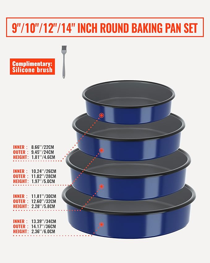 Baking Pans Set Round Roasting Dish 4-Pack 9/10/12/14 Inch Enamel Non Stick Large Bakeware for Cake Bread Pie Pizza Turkey Steak, Non-Toxic Oven Dishwasher Safe Thanksgiving Cookware