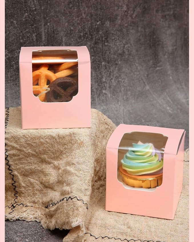 qiqee Pink Cupcake Boxes Individual 100 Packs 3.5x 3.5x 3.5 Auto-Popup Single Cupcake Carrier for Wedding Favor Birthday ＆ Party