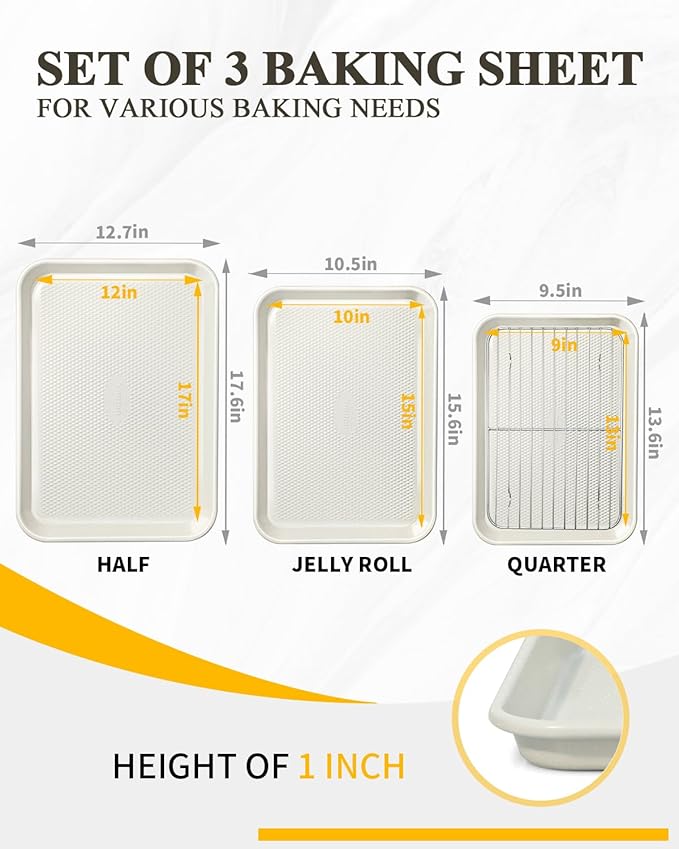 Nonstick Baking Sheet Sets with Rack (3 Pans + 1 Rack), 0.8mm Thicker Carbon Steel Quarter/Jelly Roll/Half Sheet Pan, Easy Clean, Prevent Warping, Dishwasher Safe, Oven Safe 450°F