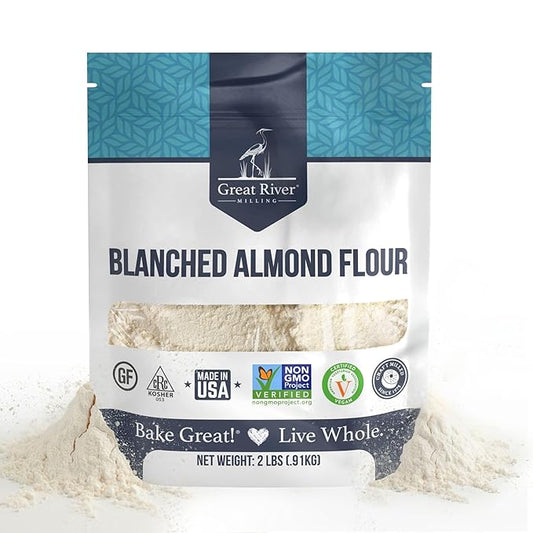 Great River Milling Blanched Almond Flour | Finely Ground Gluten Free Baking Alternative | Made from Whole Blanched Almonds | Non-GMO, Glyphosate Free, Kosher, Vegan Certified | 2 Lb