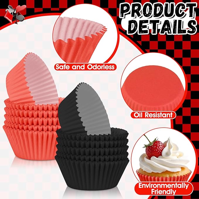 200PCS Red and Black Cupcake Liners Mini Muffin Baking Cups Wrappers for Gothic Birthday Party Supplies Disposable Cupcake Papers for Red Black Casino Theme Party Decorations