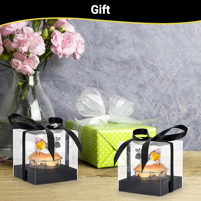 EUSOAR Transparent Cupcake Containers, 24pcs 3.5 Inch Plastic Black Cupcake Carrier Storage for Cake Dessert, Individual Cupcake Wrappers Cupcake Holder with Lids for Wedding Birthday Party Favor