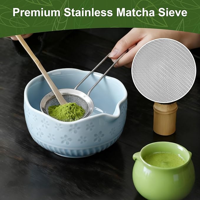 Matcha Set, 9 Pcs Ceramic Matcha Set Includes Bowl, Whisk and Holder, Bamboo Scoop, Scoop Rest, Sifter and Tea Towel ect- Complete Kit for Traditional Matcha, Modern Lattes (Blue)