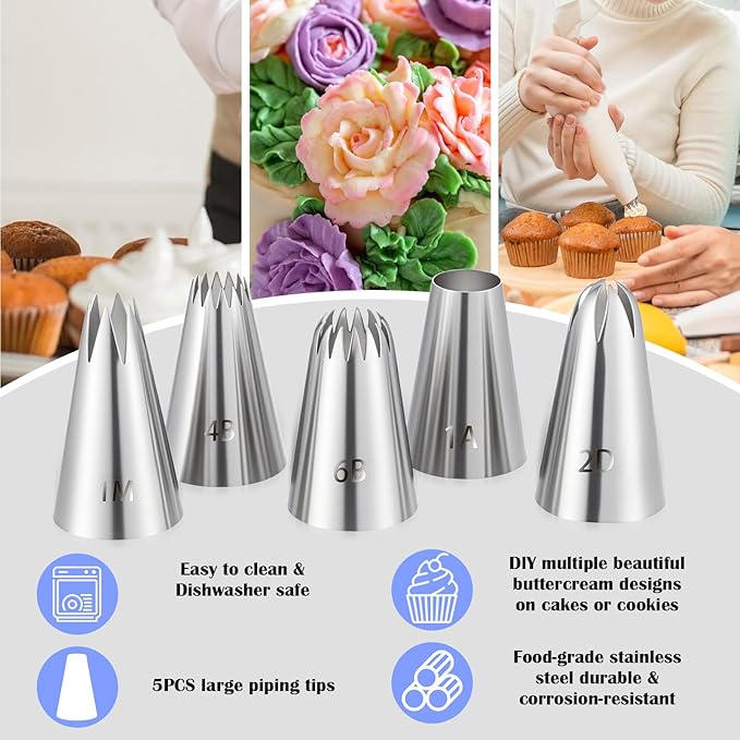 5 Pcs Cake Piping Tips, 1M 4B 6B 2D 1A frosting tips Stainless Steel Cakes Decorating Tip Set Large Piping Nozzles Baking Tools for Buttercream Icing Birthday Cake Cupcake DIY Art