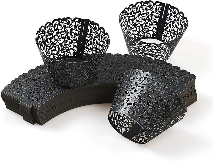 KPOSIYA Pack of 120 Cupcake Wrappers Artistic Bake Cake Paper Cups Vine Designed Laser Cut Cupcake Wraps Baking Cup Muffin Case Trays for Wedding Baby Shower Party Birthday Decoration (120, Black)
