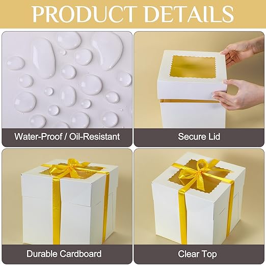48 Pcs Cake Boxes with Boards 24 Baking Boxes with Window 24 Cake Boards 2 Rolls Silk Ribbon Large Square Baking Storage in 3 Sizes 12x12x8, 10x10x8, 8x8x8 Inch Disposable Dessert Containers