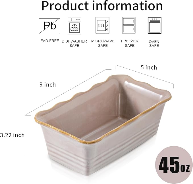 HVH Ceramic Loaf Pan for Baking Bread, Rectangular Baking Bread Loaf Pan, 9 x 5 inch Bread Pan, Bread Baking Pan for Cooking, Wave Series, Farmhouse Style (Sand Color)