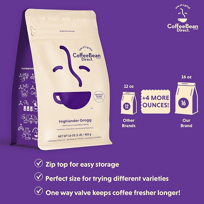 Coffee Bean Direct Highlander Grogg Flavored, Whole Bean Coffee, 1 Pound Bag (Pack of 1)