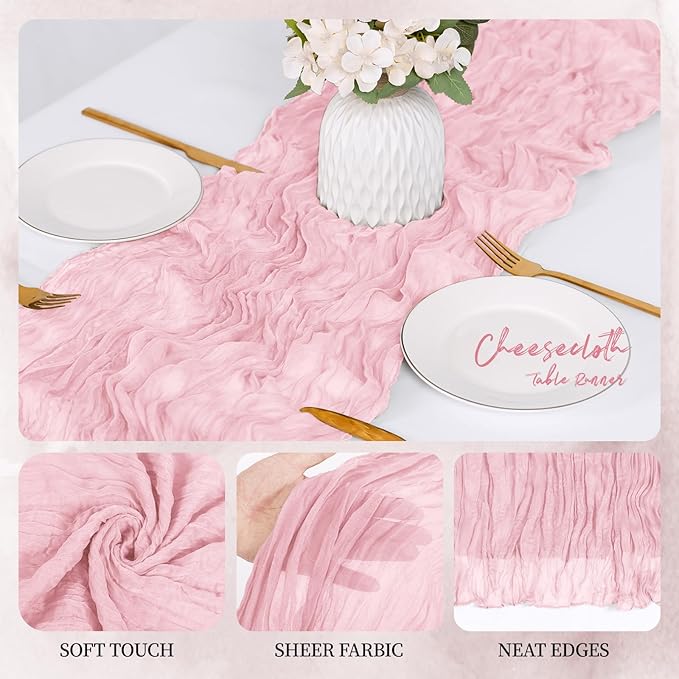 6 Pack Light Pink Cheesecloth Table Runner 17x108 Inch Semi Sheer Boho Gauze Cheese Cloth Fabric Table Runners, for Wedding Party Baby Shower Birthday Home Decor Garden Farmhouse