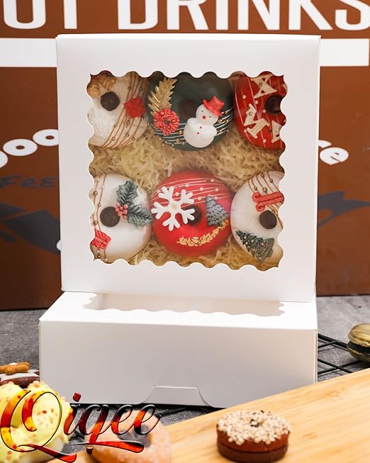 qiqee Auto-pop up 50 Packs Bakery Box With Window 8x8x2.5 inch White Pie Boxes Pastry Box
