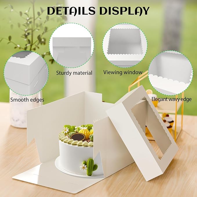 15 Pcs 10x10x8 Inch Tall Cake Boxes with Window, White Square Cheesecake Bakery Boxes, Large Cardboard Cake Baking Boxes with 90 Stickers for Cakes, Pies, Wedding, Birthday Party