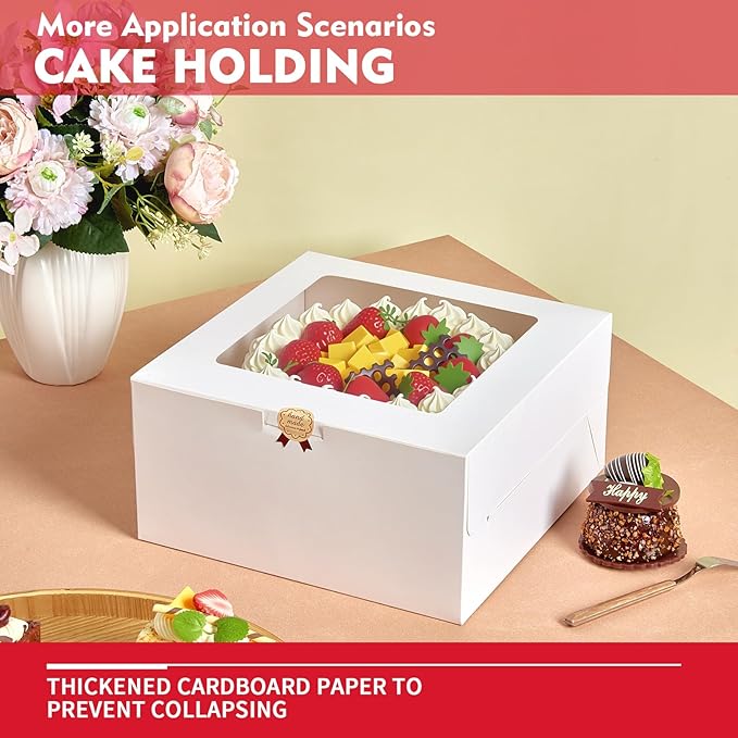 3 Pack Cake Boxes, 10x10x5 Inches Cake Boxes with Boards, White Square Bakery Boxes with Window, Disposable Cake Containers with Lids for Pastry Pie Cookies Chocolates Wedding Birthday Party