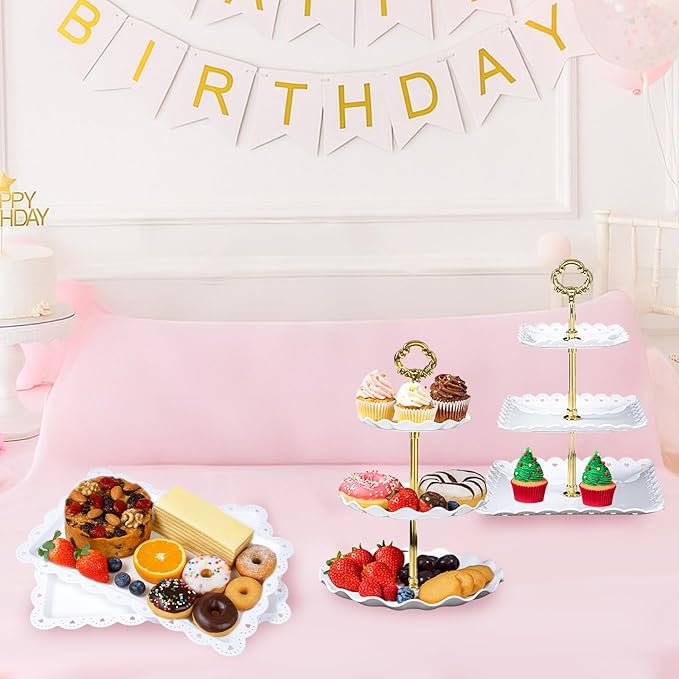 Dessert Table Display,5Pcs Cake Stand Set,2Pcs 3 Tiered Cupcake Stands and 3Pcs Dessert Trays Serving Trays for Party Baby Shower Wedding Tea Party