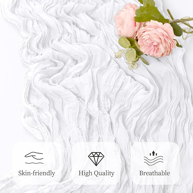 12 Pack White Cheesecloth Table Runner 17x108 Inch Semi Sheer Boho Gauze Cheese Cloth Fabric Table Runners, for Wedding Party Baby Shower Birthday Home Decor Garden Farmhouse