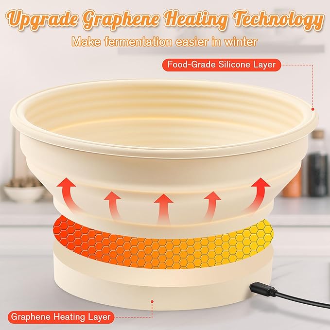 Enhon Heated Bread Proofing Baskets, Round 9 Inch Sourdough Starter Kit 4 Levels Temperature Adjustment Bread Making Tool, Proofing Basket with Liners for Banneton Bread Baking Homemade Essentials