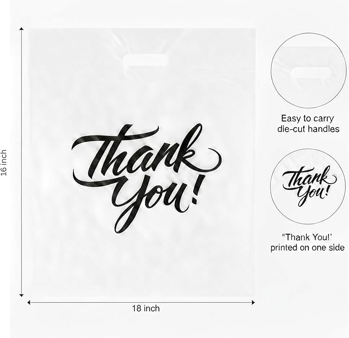 Infinite Pack Thank You Merchandise Bags, Die Cut Handles, Retail Shopping Bags for Boutique - Choose Color & Size