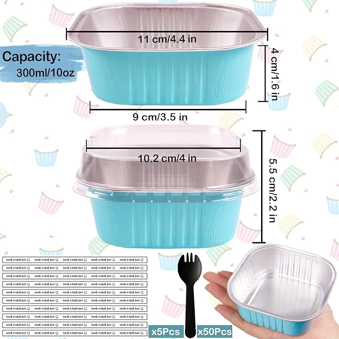 10oz Mini Cake Pans With Lids 50 Pack Aluminum Foil Square Brownie Baking Cups,4”x4” Disposable Loaf Pans With Lids and Spoons Stickers,Large Cupcake Pans Muffin Cake Tins Cake Container(Blue)