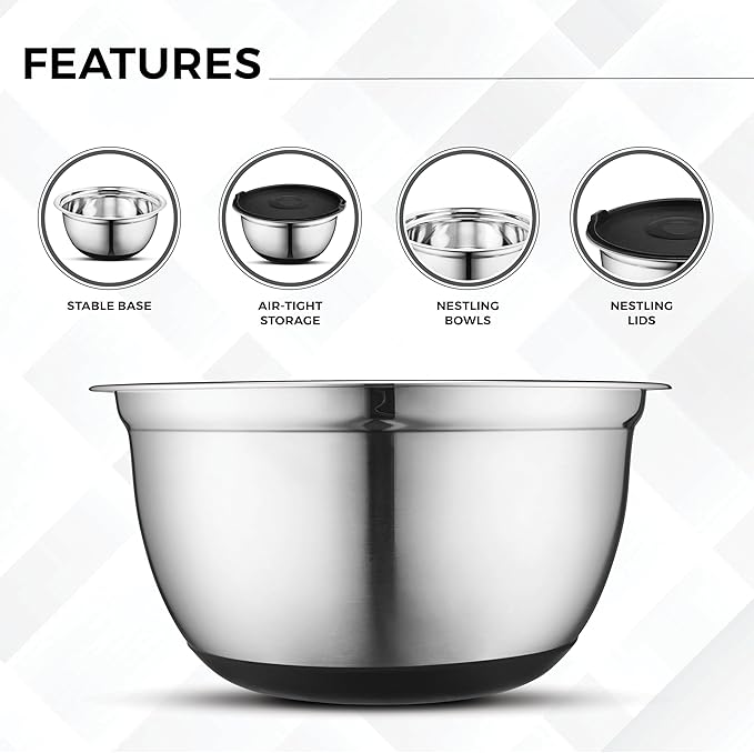 Avador Premium Stainless Steel Mixing Bowls, Set of 7 EXTRA Large Stainless Steel Mixing Bowl Set, Easy To Clean, Space Saving, Great for Cooking, Baking, Prepping (0.25, 1, 1.5, 3, 4, 5 and 8 Quart)
