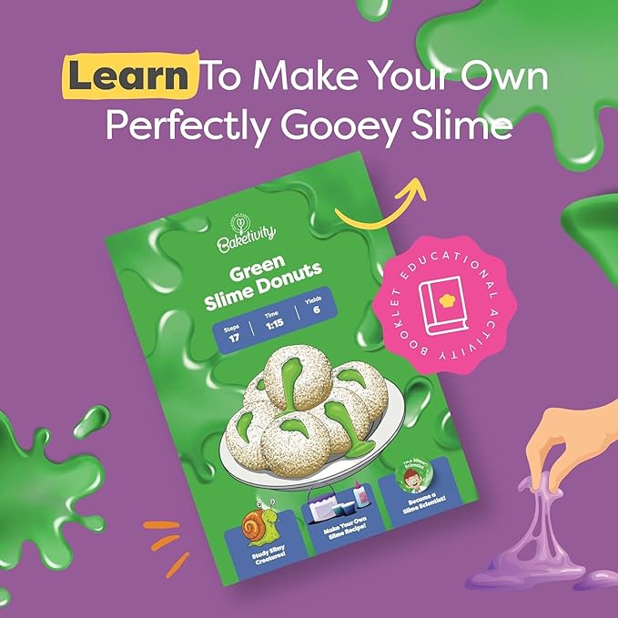 Baketivity Green Donut Kids Baking Kit | Edible Kit for Girls & Boys Ages 6-12 | DIY Donut Slime Baking Kit and Kids Baking Set with Pre-Measured Ingredients & Donut Mold