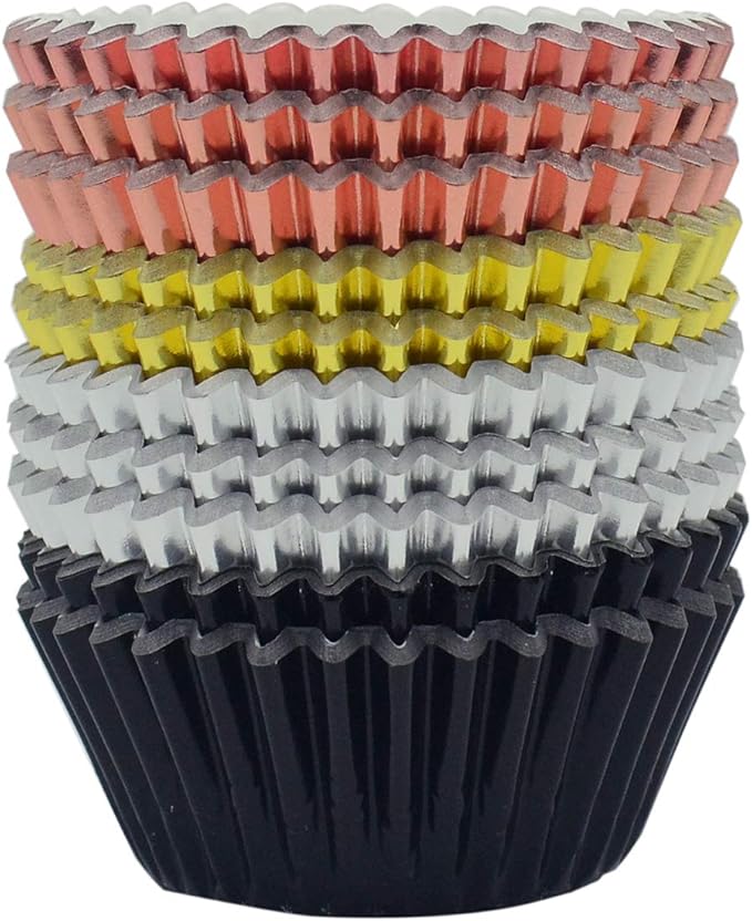 Standard Metallic Foil Paper Cupcake Liners in Rose Gold, Gold, Silver and Black, 200-Count