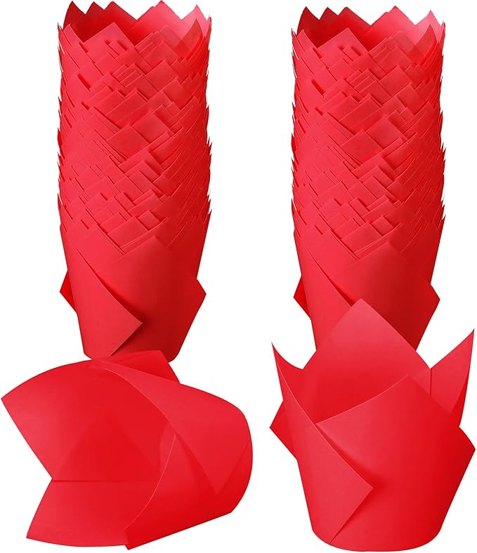 Jutom 200 Pack Tulip Cupcake Liners Paper Baking Cups Greaseproof Muffin Liners Grease Resistant Cupcake Wrappers for Weddings Birthday Cake Balls Muffins Candy Jelly Party(Red)
