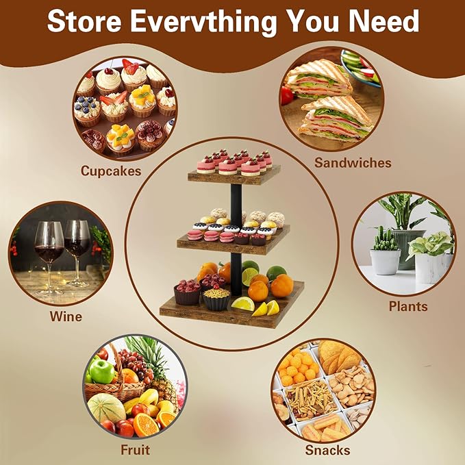 IBUYKE 3 Tier Cupcake Stand,Set of 2,Cupcake Tower,Square Serving Dessert Display Stand,Cupcake Tray Stand,Dessert Tree Tower for Christmas Birthday,Home Party, Wedding,Rustic Brown UTLJ014H-2