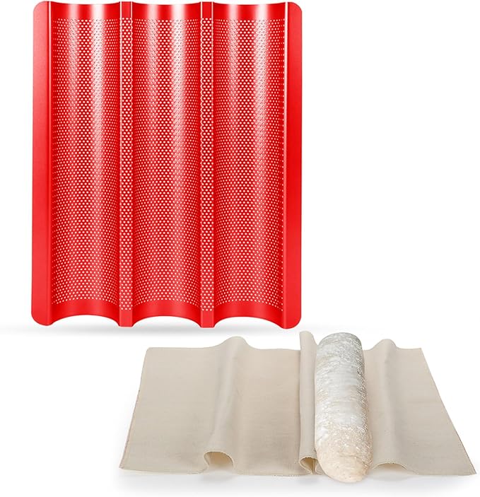 Baguette Bread Pan for Baking – Nonstick Perforated French Bread Pan, 3 Wave Thickened Carbon Steel Baguette Tray for Homemade French Baguettes, Garlic Bread, and Sandwich Rolls, Red