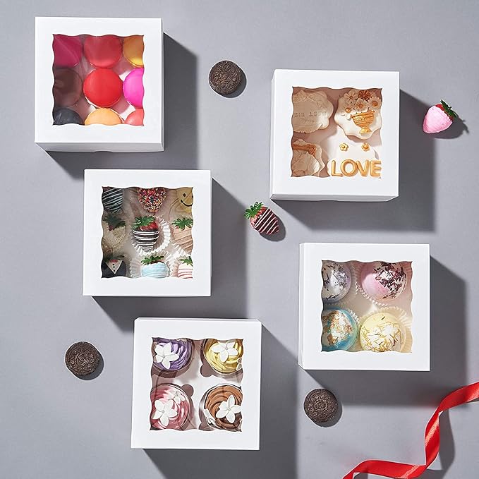 RomanticBaking 50 Pack White 4 Cupcake boxes with Window Chocolate Bomb Boxes Bakery Box Cookies Boxes Strawberry Boxes