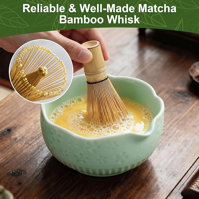 Matcha Set, 9 Pcs Ceramic Matcha Set Includes Bowl, Whisk and Holder, Bamboo Scoop, Scoop Rest, Sifter and Tea Towel ect- Complete Kit for Traditional Matcha, Modern Lattes (Green)