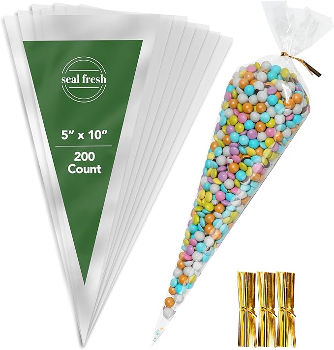 Seal Fresh Cone Cellophane Bags with Twist Ties – 5 x 10 Inch (200 Pack) — Clear Cone-Shaped Treat Bags for Candy, Snacks, Popcorn, Party Favors, Gifts