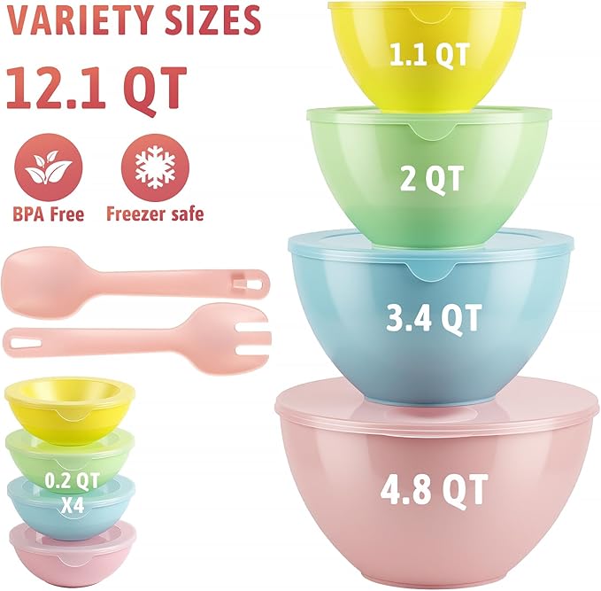 8 Piece Plastic Mixing Bowls with Lids Set - Microwave Safe Kitchen Plastic Bowls for Preparing, Serving and Storing - Dishwasher Safe Large Nesting Mxing Bowl Set Bowls with Mixing Spoon and Fork