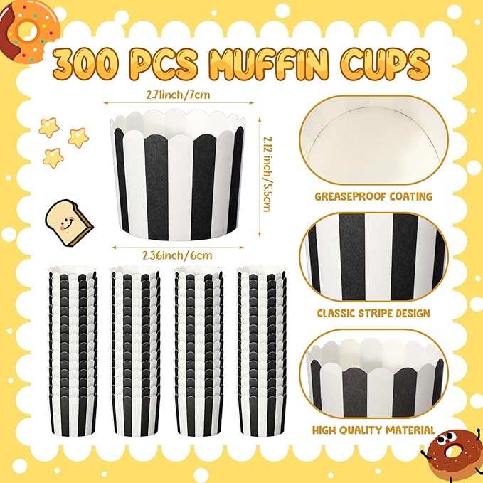 300 Pcs Cupcake Liners Baking Paper Cup Muffin Liners Stripes Cupcake Wrappers 2.3 Inch Muffin Baking Cups for Carnival Halloween Birthday Party Supplies(Black and White)