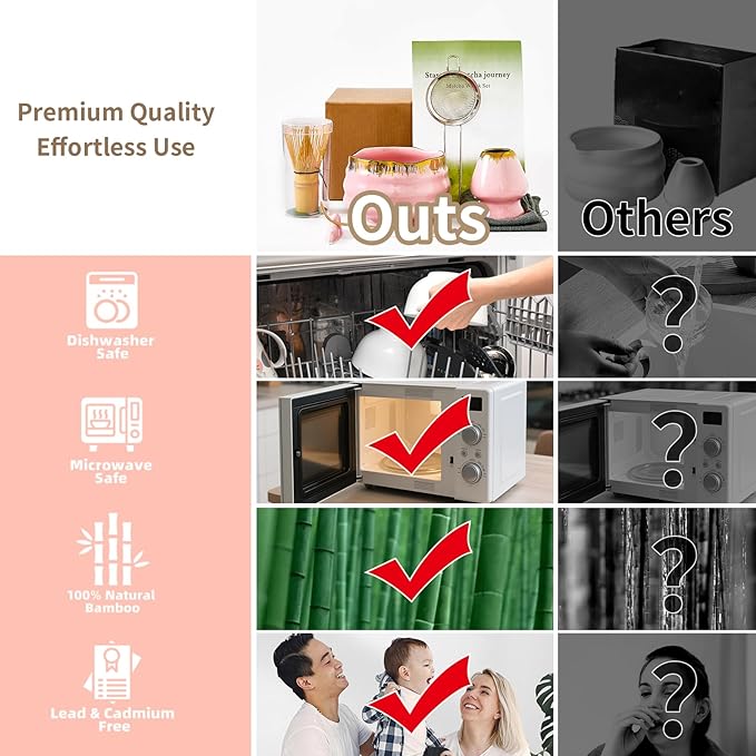 7-Piece Matcha Set: Matcha Bowl + Bamboo Whisk Kit, Ceremonial Matcha Whisk Tools with Golden Texture Details, Japanese Tea Ceremony Starter Kit, Unique Matcha Gift (pink)