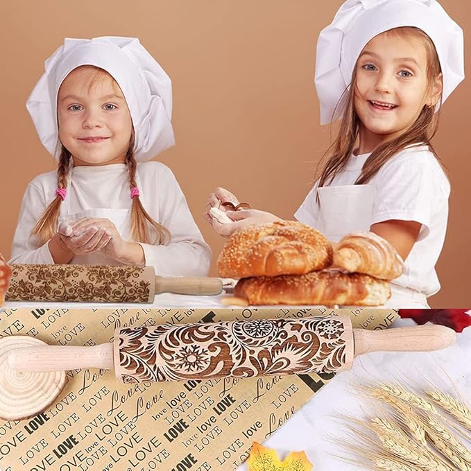 Embossed Rolling Pins Christmas Rolling Pin,3D Paisley Pattern Flower Snowflake Rattan Wooden Roll Pin Laser Engraved Rolling Pin DIY Tool for Kids and Adults to Make Cookie Dough