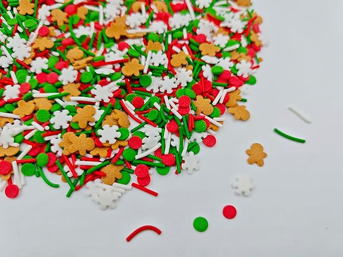 Edible 3.4 oz White Christmas Snowflake Confetti Candy Sprinkles Red Green White Jimmies Dessert Sprinkle Gingerbread Men Cupcake Toppers Cookie Decorations for Xmas Cake Decorating