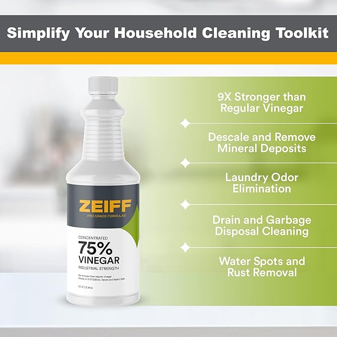75% Pure Concentrated Vinegar - Technical Grade Acetic Acid Solution for Home and Outdoor Use - Cleaning Vinegar for Home & Laundry - 32 Oz
