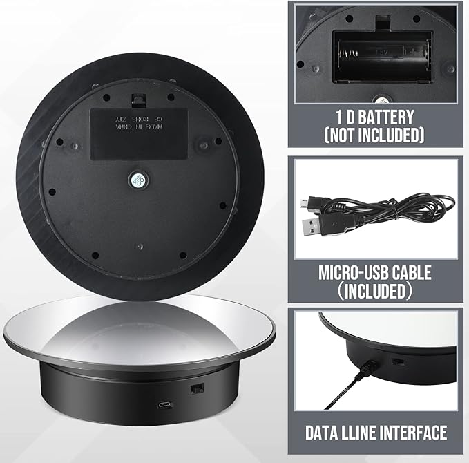 Marsui 2 Pieces Rotating Display Stand 7.87'' Mirror Cover 360° Automatic Electric Motorized Turntable for Photography Products Jewelry Cake 3D Model Display Supplies, Battery Operated /USB Power