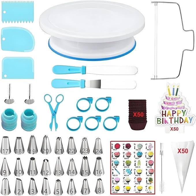 193 Pcs Cake Decorating Kit with Cake Turntable,Cake Leveler,24 Numbered Icing Tips,2 Spatulas,2 Couplers,3 Comb Scrapers,50 Pastry Bags,50 Paper Cupcake Liners,50 Cake Flags