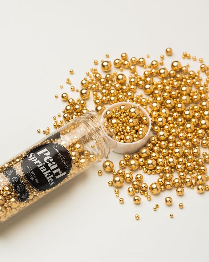 Sweet Spell Gold Pearl Sprinkles for Cake Decorating (120g/ 4.2oz) - Sugar Candy Ball Pearls for Cupcakes, Ice Cream Toppers, and Baking Cake Decoration