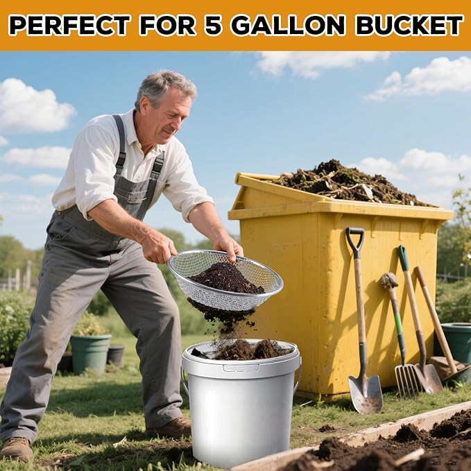 Sifter.Size 1/8" Mesh Soil Sifter Sieve - Heavy Duty Galvanized Screen for Compost, Dirt, Rocks, Gravel & Garden - Fits 5 Gallon Bucket, Rust-Resistant - Composting & Sifting Tool