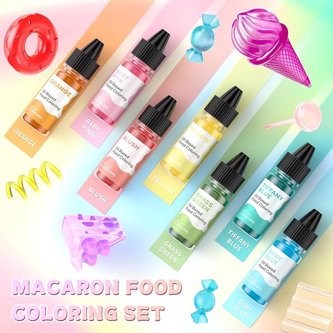 Cherrysea Oil Based Food Coloring for Chocolate Macaron Oil Edible Food Dye Set for Halloween Baking Royal Icing Cookie Supplies Gluten Free 7x6ml Food Grade Food Color Kit, 0.25 Fl. Oz/Bottles