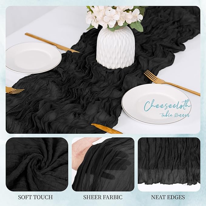 6 Pack Black Cheesecloth Table Runner 17x108 Inch Semi Sheer Boho Gauze Cheese Cloth Fabric Table Runners, for Wedding Party Baby Shower Birthday Home Decor Garden Farmhouse