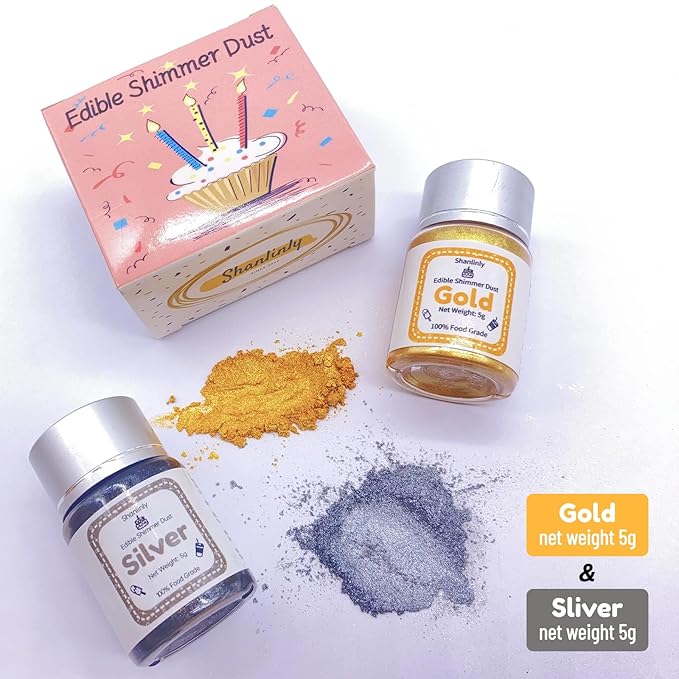 Gold Silver Luster Dust Edible Set - 5g Food Grade Gold Cake Dust Shimmer Powdered, Vegan Silver Edible Metallic Food Coloring Powder for Cake Decorating, Chocolates, Fondant, Drinks, Paints, Kosher