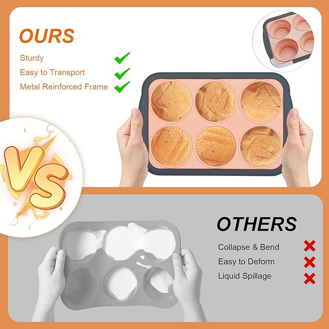 Silicone Muffin Pans for Baking with Metal Frame, 6 Cup Silicone Muffin Pan, Nonstick Cupcake Pan, BPA Free Muffin Tins Easy to Pop Cupcake Baking Pan Molds for Oven Dishwasher Safe