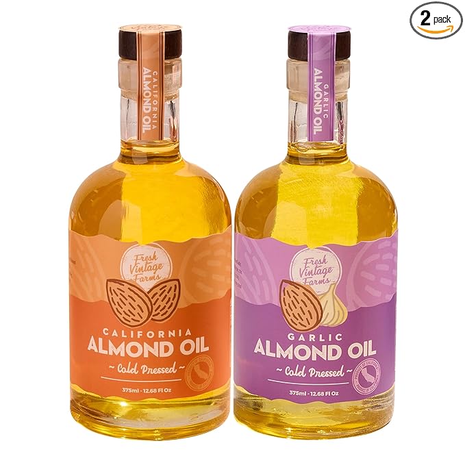 Fresh Vintage Farms Nut Bundle 100% Cold Pressed Almond & Garlic Almond Cooking Oils | Cold Pressed & Nutritious Healthy Oils for Cooking, Baking, Dipping, Salads, & Marinades | 375ml, Pack of 2
