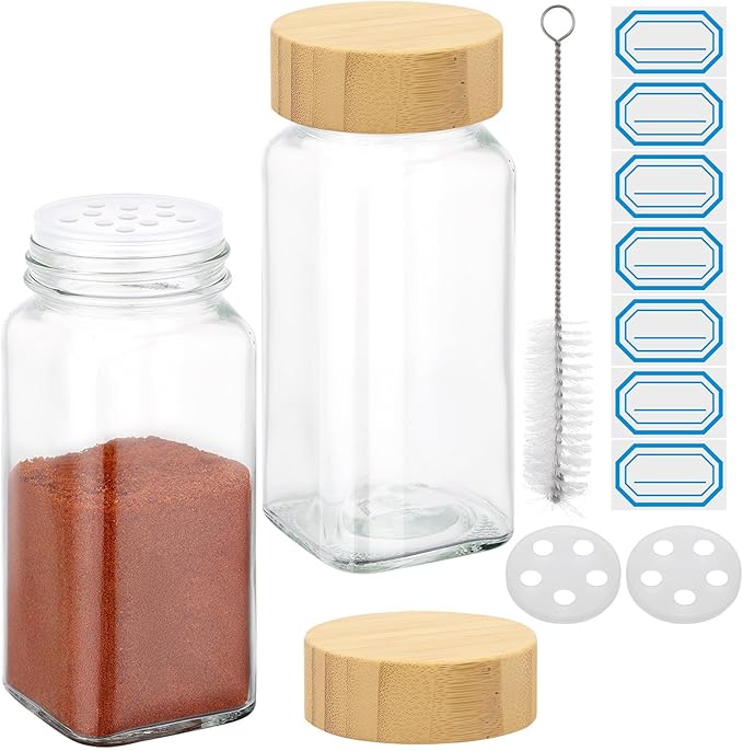 Segarty 4oz Spice Jar with Bamboo Shaker Lids, 2 PCS 120ml Square Spice Jars for Herbs Grains Storage, Empty Glass Small Seasoning Container Set, Clear Salt Pepper Shakers with 7 Stickers and 1 Brush